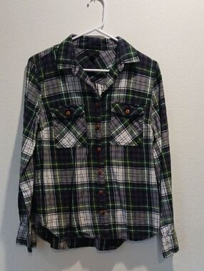 J. Crew Navy and Green Plaid Button-Down Shirt